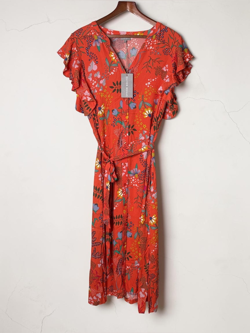 NWT Oliver Bonas UK 16 / US 12 Fairytale Floral Button Midi Dress Orange